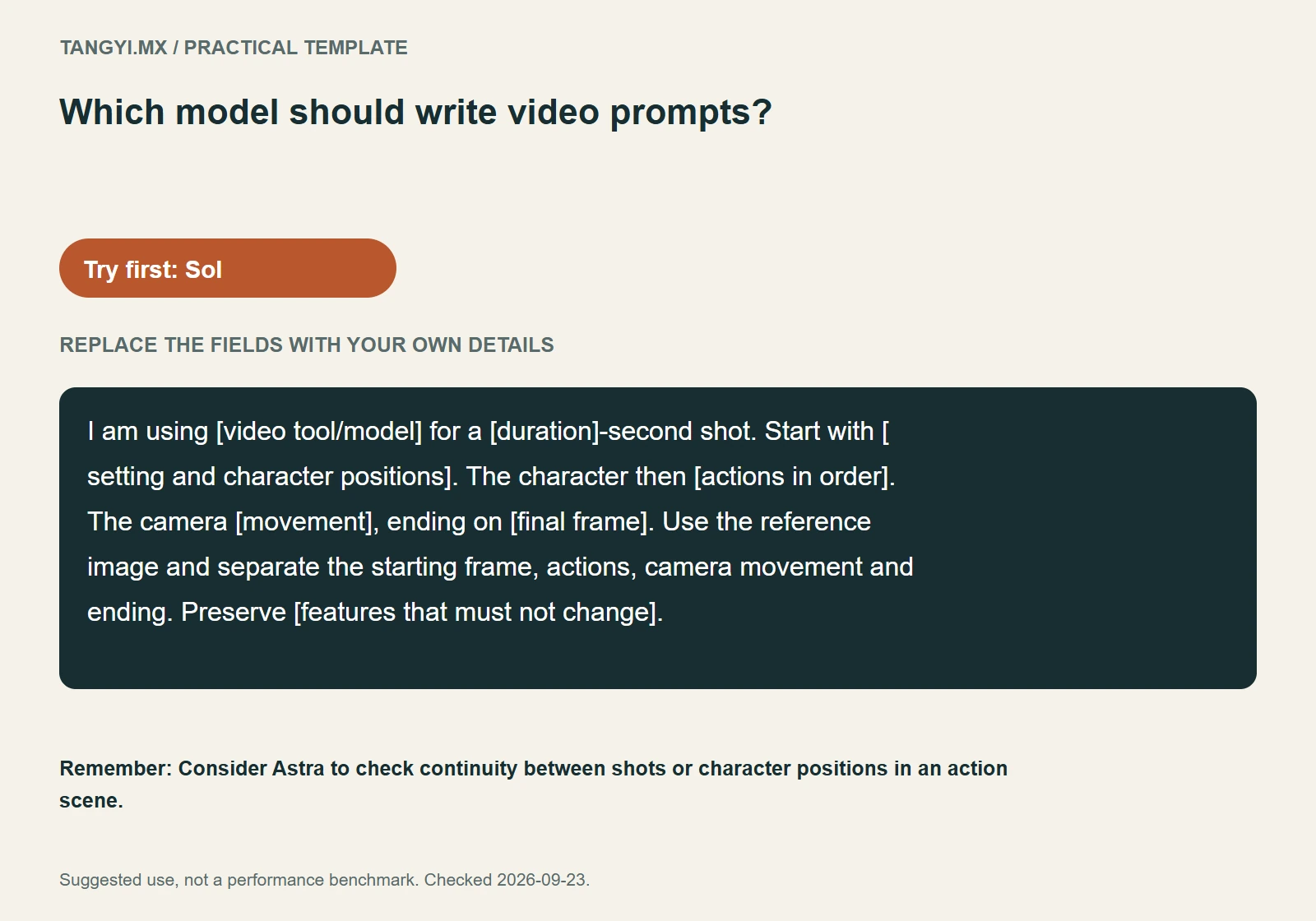 Video prompt template: starting frame, action order and camera movement