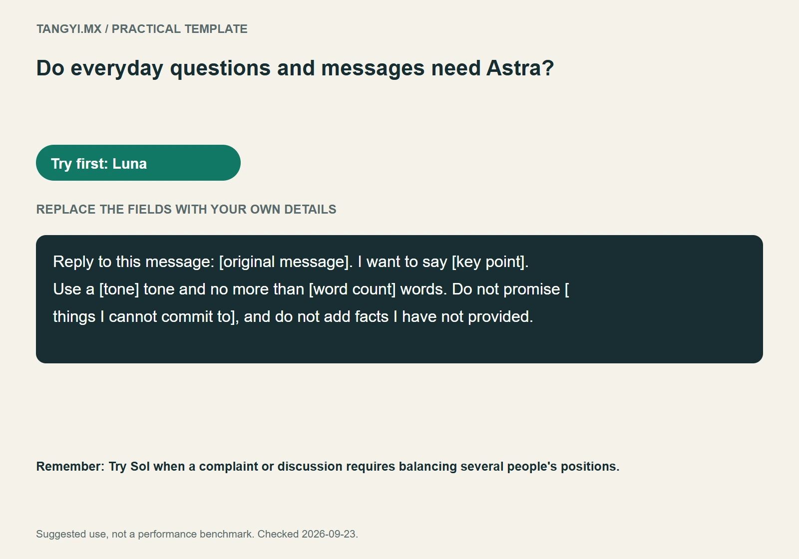 Everyday message template: message, tone and length