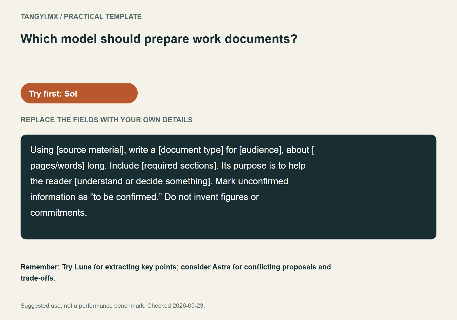 Work document template: audience, sections and unconfirmed information