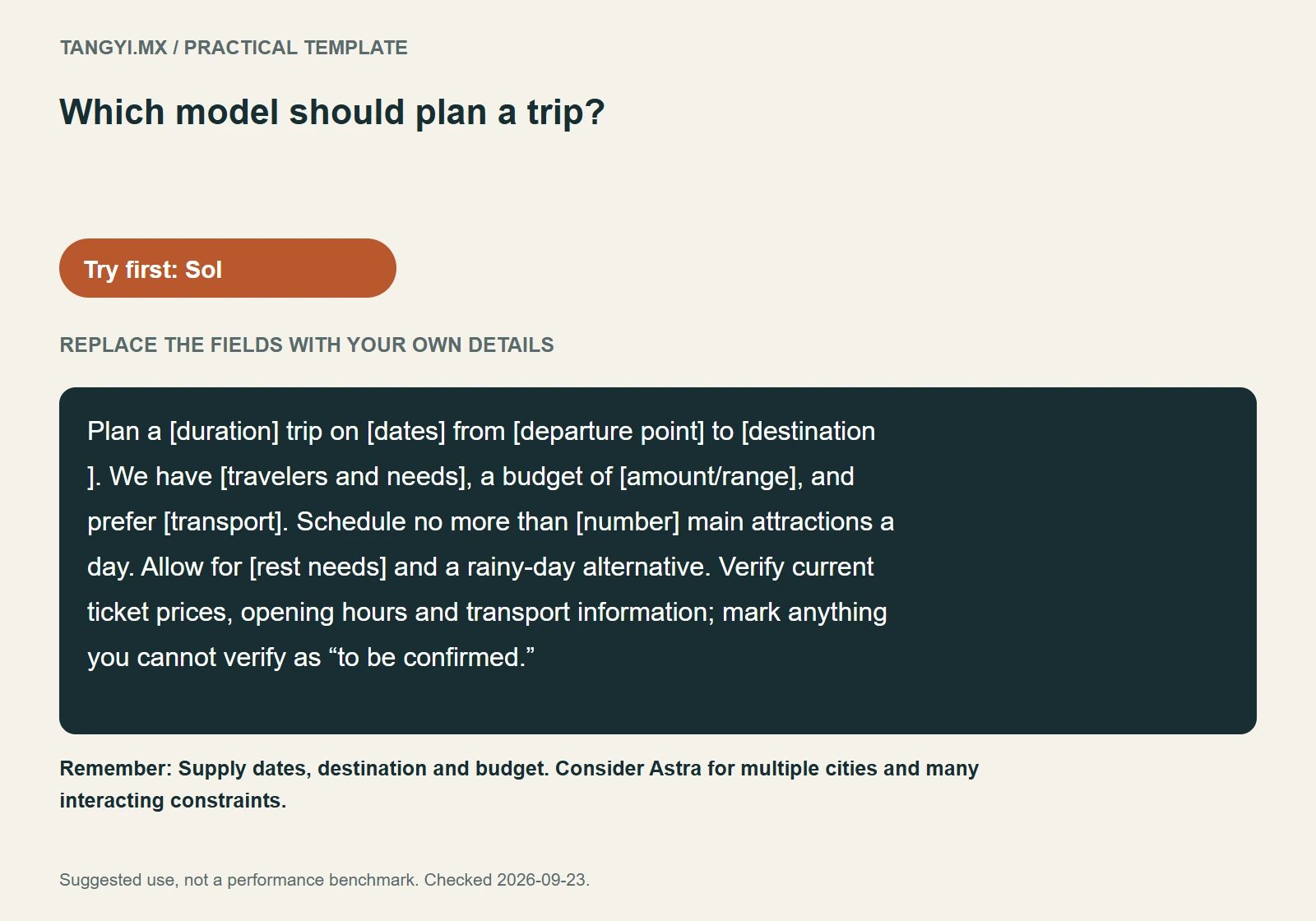 Travel template: travelers, pace and details to verify