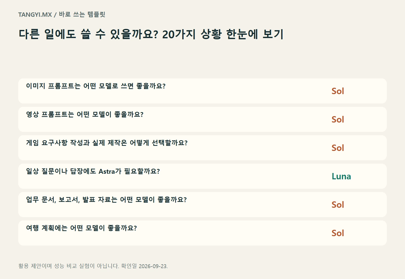 생활과 업무의 모델 선택 빠른 참고표