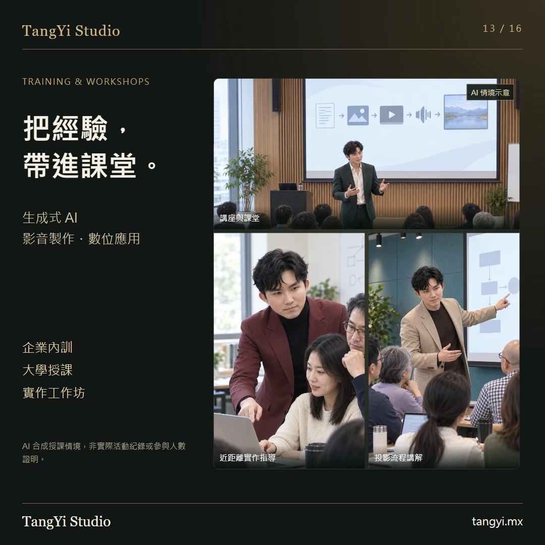 授課服務示意。照片為 AI 合成,非實際活動、學員或出席人數紀錄。
