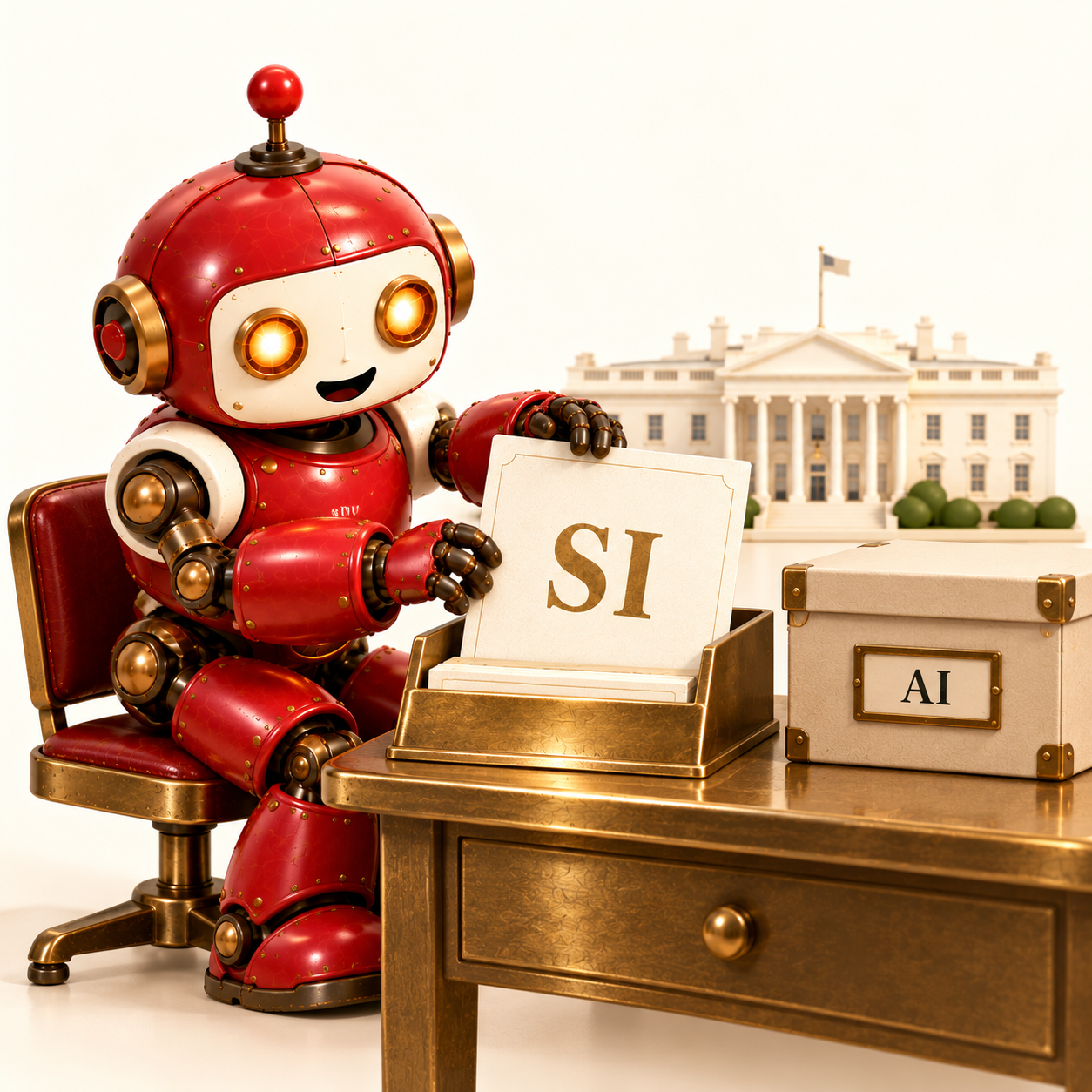 紅色瑭宜機器人坐在黃銅書桌前整理 SI 新文件，AI 舊檔案留在保存盒。