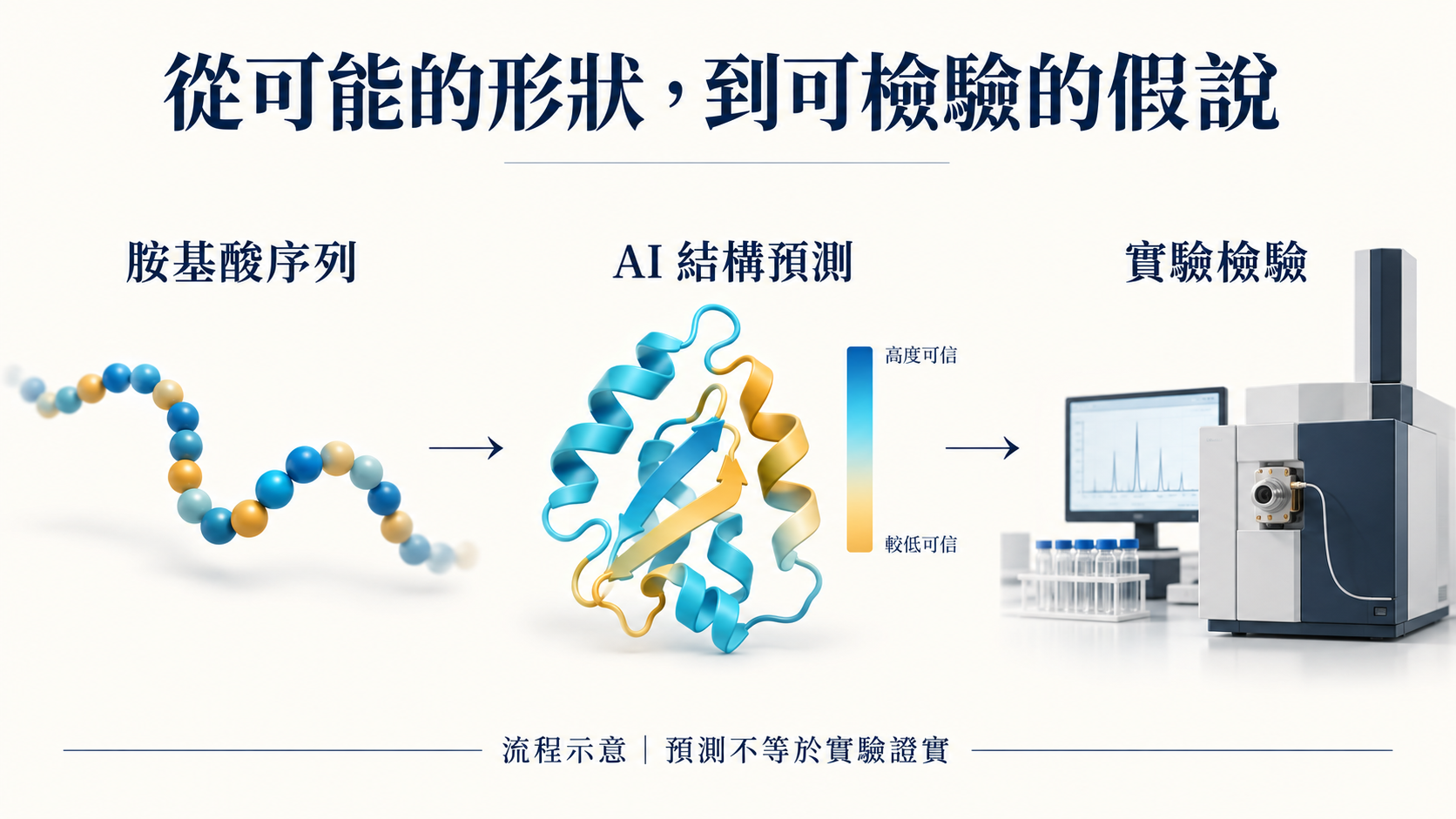 胺基酸序列、AI結構預測與實驗檢驗三個步驟的AI生成流程示意