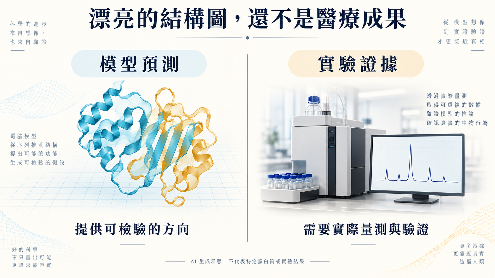 模型預測與實驗證據並列比較的AI生成概念圖