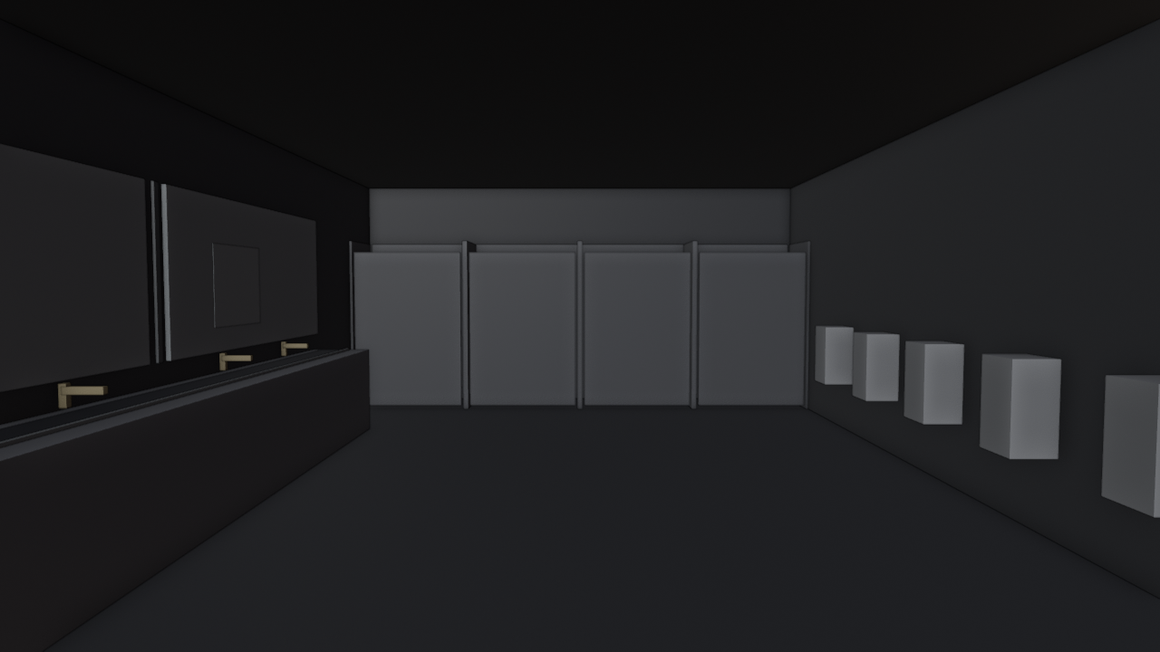 先前 Claude 協作的 Blender 白模:從門口往內看,左側是檯面,右側是小便斗,後方是隔間。原檔日期 2026-09-01。